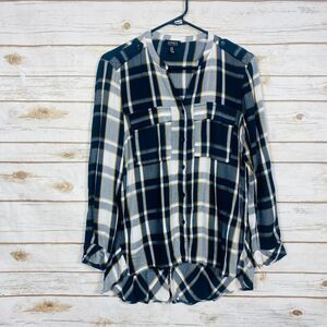 Jones New York Women's Plaid Button Front Viscose Blouse Blue White Yellow M